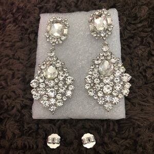 Chandelier Statement Earrings 3” Silver Tone Clear Crystals Elegant Leaf Post